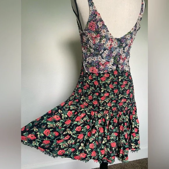 FREE PEOPLE Floral Smocked Bodice Mini Dress Garden Girl Boho Whimsigoth | Sz M - Picture 4 of 6